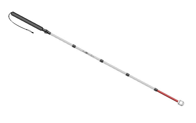 A straight, extended Awarewolf Gear Urban Explorer cane with a white dome tip and a red stripe near the bottom.