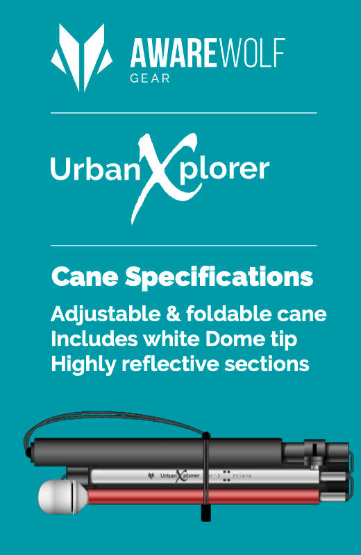 A foldable, adjustable cane with a white dome tip and reflective sections, made by Awarewolf Gear.