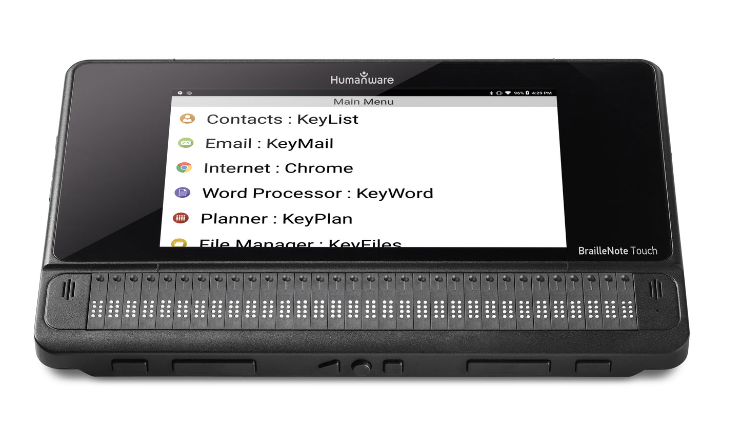 Braillenote Touch Plus - Tablet and Note Taker 32 inch, a black device with a touchscreen displaying the main menu and a row of Braille dots. The menu options include Contacts, Email, Internet, Word Processor, Planner, and File Manager. Available at floridareading.com
