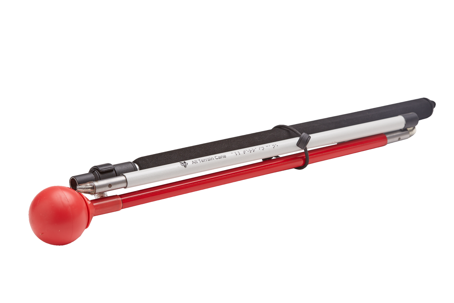 A white cane with a red tip and a black handle, collapsed and resting on a gray background. The cane has a red roller ball tip and is labeled "All Terrain Cane."