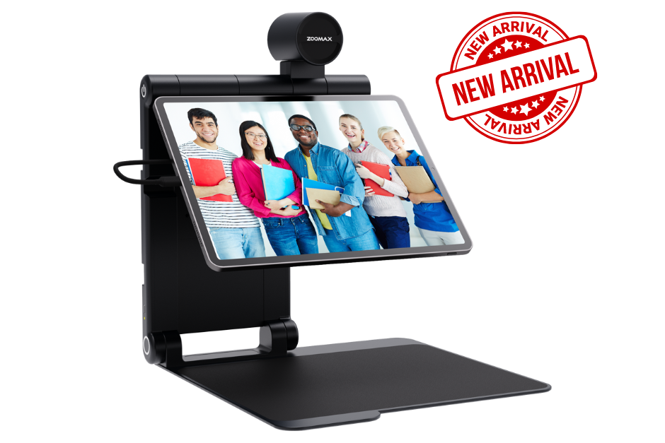 Snow Pad (w/o iPad) is shown in this image, a black, adjustable stand with a tablet holder and a web camera mounted on top. Available at floridareading.com