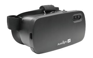 A black virtual reality headset with the word "Acesight VR" printed on the side. It has a head strap and appears to have lenses and sensors on the front.