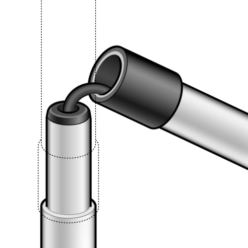 A detailed illustration showing how to attach the dome tip to the Awarewolf Gear Urban Explorer cane. The image shows the tip being pushed onto the end of the cane, securing it in place.