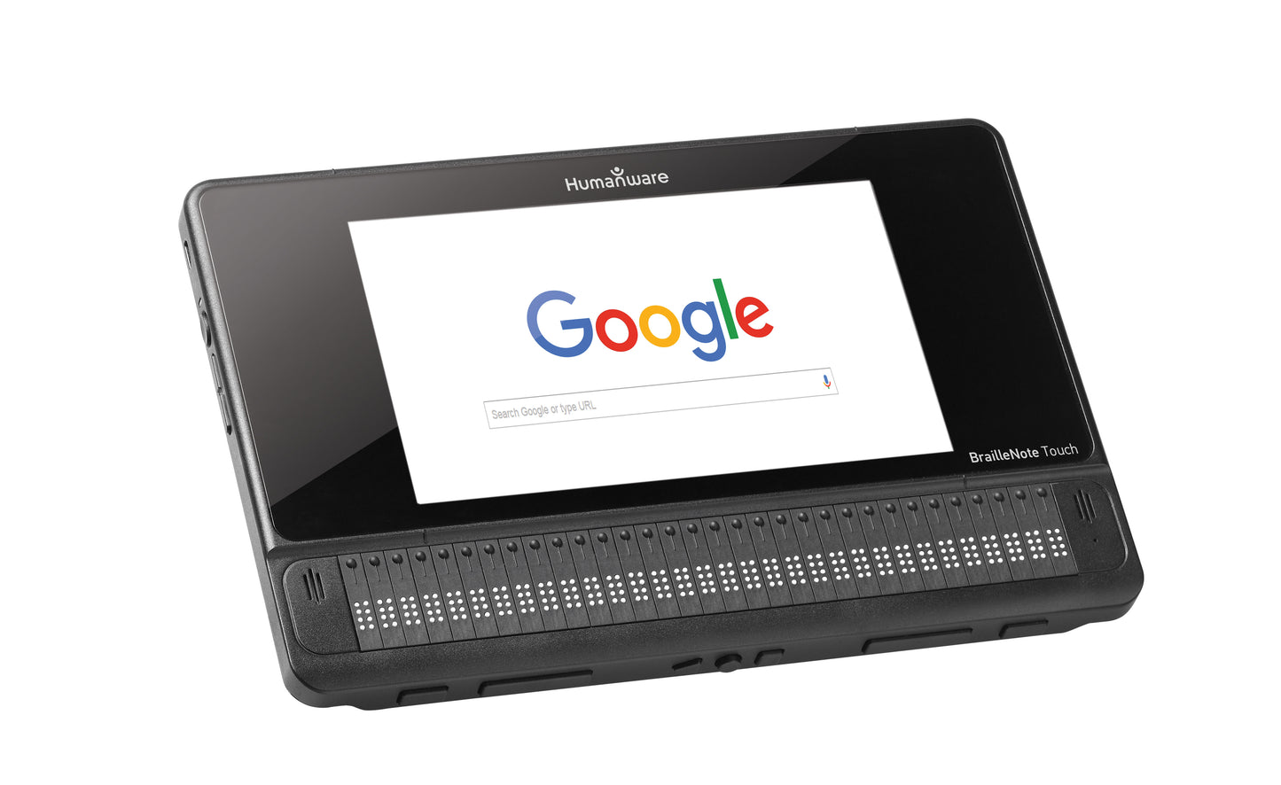 Floridareading Braillenote Touch Plus - Tablet and Note Taker 32 inch, a black device with a touchscreen displaying the Google logo and a row of Braille dots.