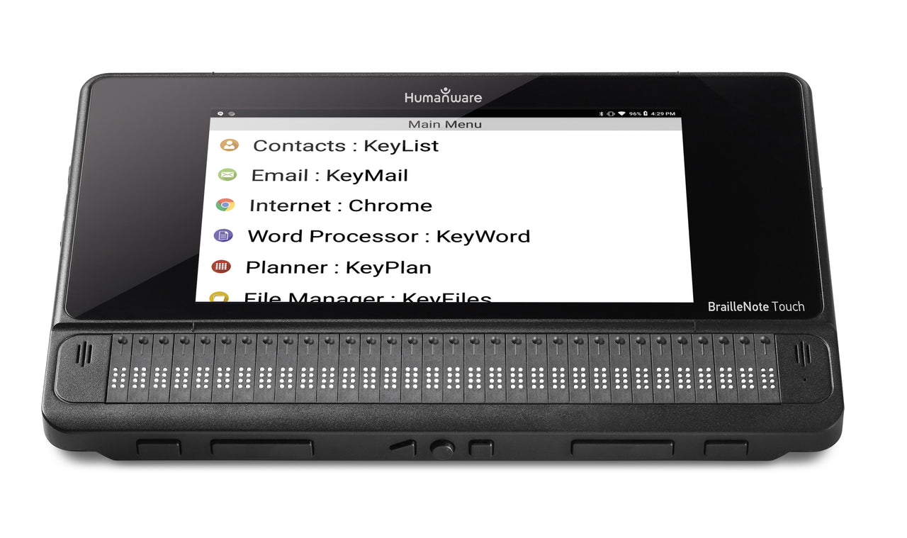 Braillenote Touch Plus - Tablet and Note Taker 32 inch, a black device with a touchscreen displaying the main menu and a row of Braille dots. The menu options include Contacts, Email, Internet, Word Processor, Planner, and File Manager. Available at floridareading.com 