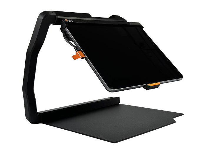 A Florida Reading MagniLink iTab black and orange tablet stand. The tablet is propped up at a 45-degree angle and the stand has a flat base.