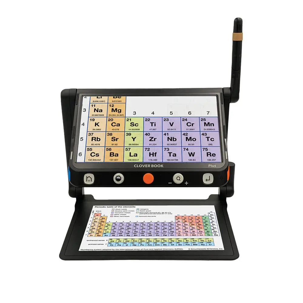 A black Floridareading Cloverbook Plus magnifier with a periodic table chart displayed on the screen.