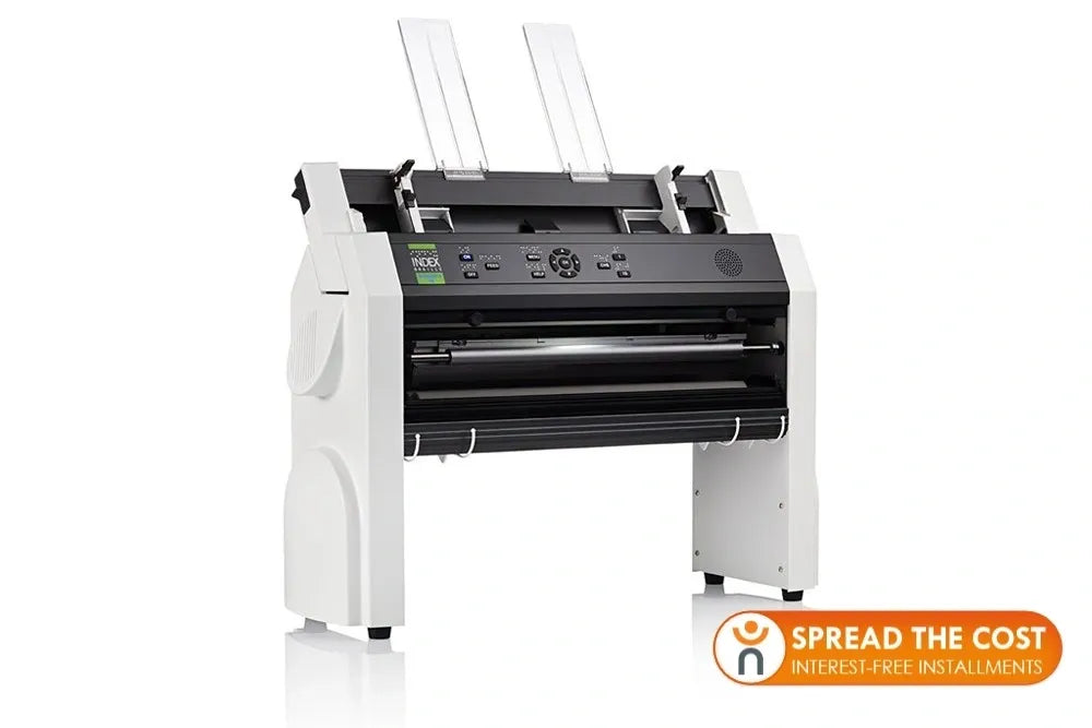 Floridareading Everest-D V5: A large, white and black braille embosser with paper feed trays and a control panel. It is used for embossing large volumes of braille text.