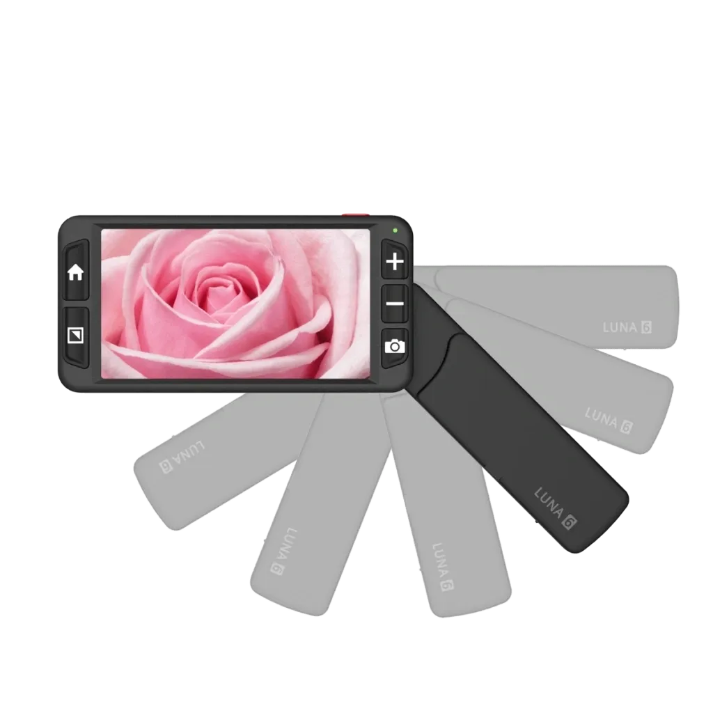  Floridareading Luna 6: A handheld video magnifier with a screen showing a close-up of a pink rose. It has a foldable stand and multiple interchangeable lenses.