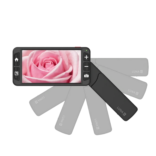  Floridareading Luna 6: A handheld video magnifier with a screen showing a close-up of a pink rose. It has a foldable stand and multiple interchangeable lenses.