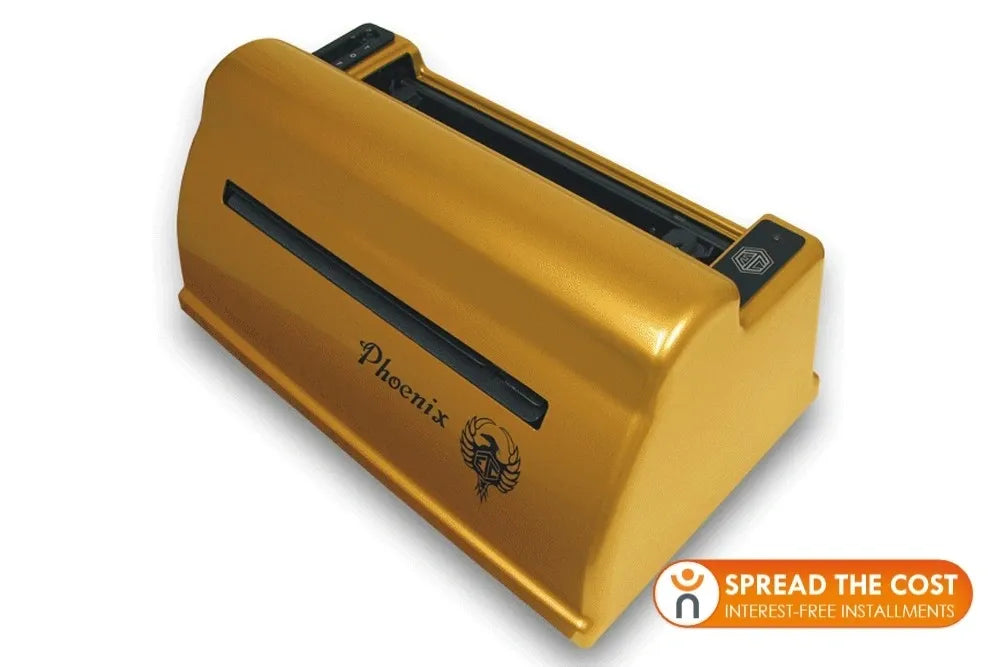 A gold-colored, compact device with a sleek design. It is used for embossing braille text and is available at Floridareading.com