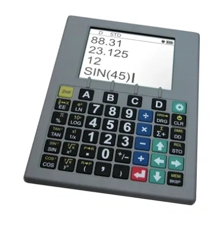 A gray scientific calculator with a large display showing a mathematical equation. It has a number pad, function keys, and navigation buttons. The calculator is designed for people who are blind or have low vision and is available at Floridareading.com