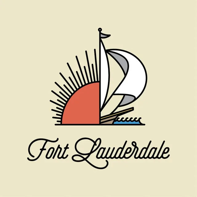 A stylized sailboat sailing into a setting sun, with the text "Fort Lauderdale" below.