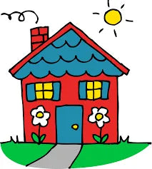 A cartoon house with a red roof, blue windows, and a blue door. There are two white flowers in front of the house and a yellow sun in the sky.