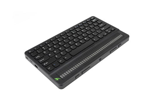 Mantis Q40 Braille keyboard with Perkins-style braille display for efficient reading and typing. Shop online at floridareading.com