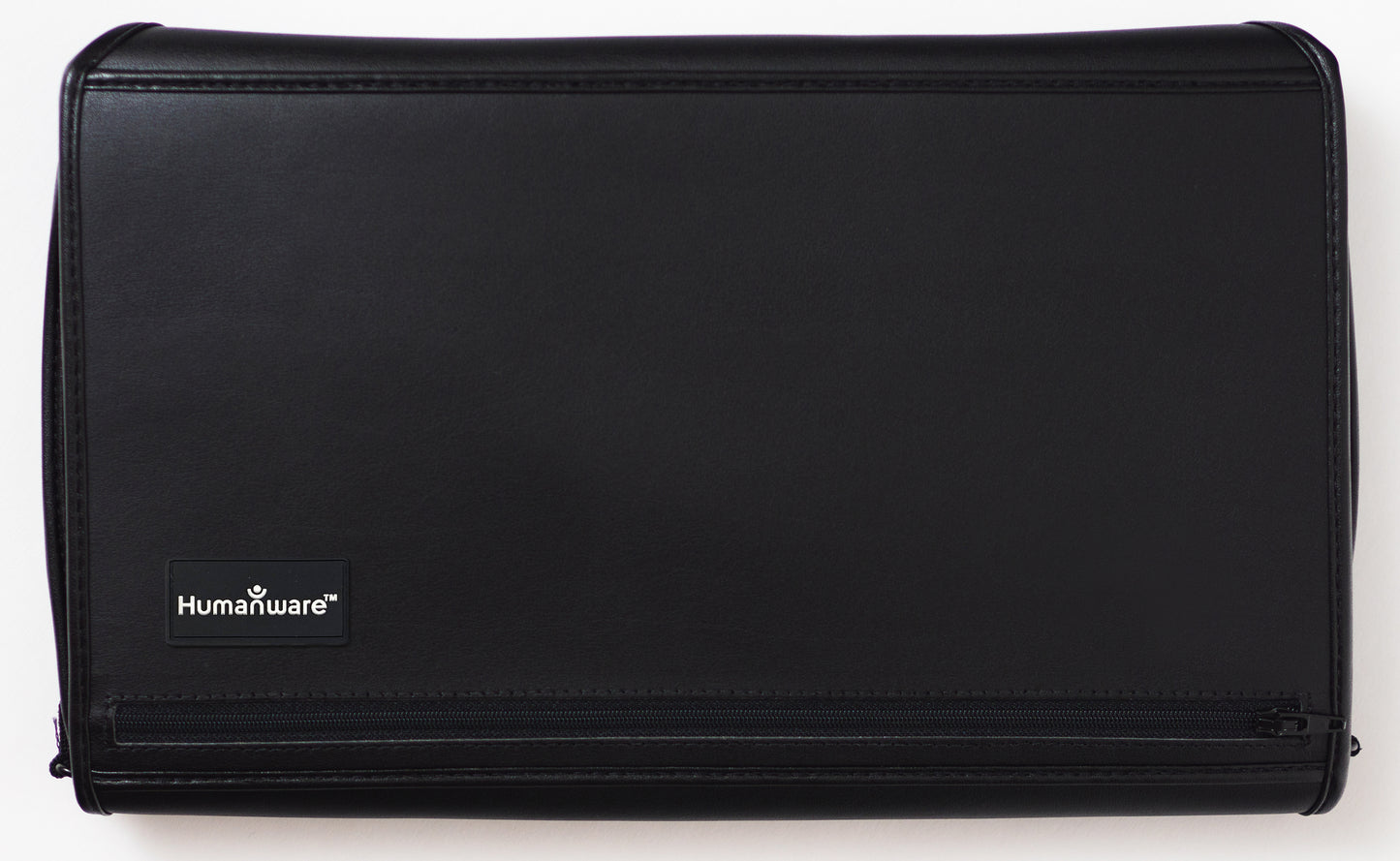 Black leather carrying case designed to protect and transport the Humanware Mantis Q40 Braille keyboard and display.