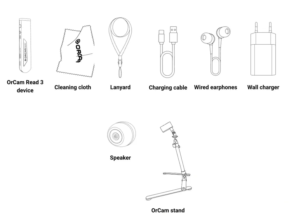 OrCam Read 3 accessories: device, cleaning cloth, lanyard, charging cable, wired earphones, wall charger, speaker, and OrCam stand for visually impaired users.