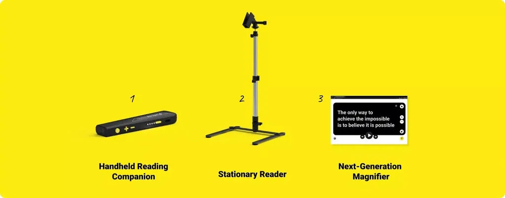 OrCam Read 3 lineup showcasing the Handheld Reading Companion, Stationary Reader, and Next-Generation Magnifier, advanced tools for visually impaired users.