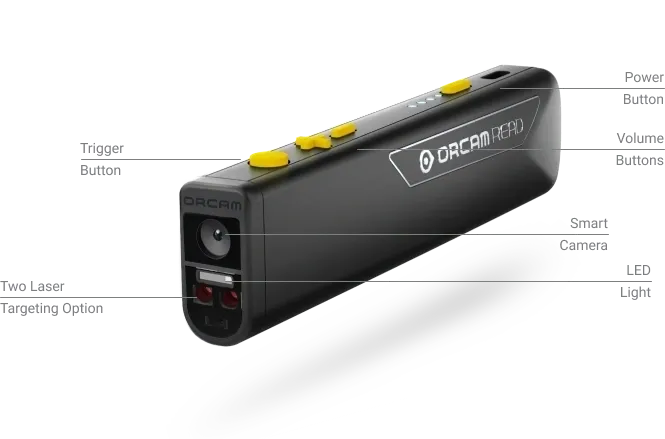 OrCam Read 3 device with smart camera, LED light, two laser targeting options, and control buttons for visually impaired users.