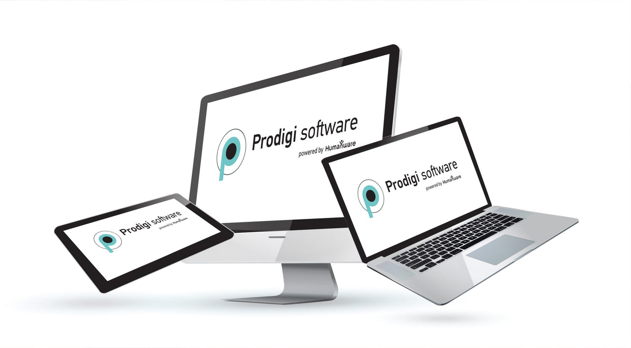 Prodigi Software, a technology company, showcases their software solutions on various devices, including a desktop computer, laptop, and tablet. The image emphasizes their commitment to human-centered technology.