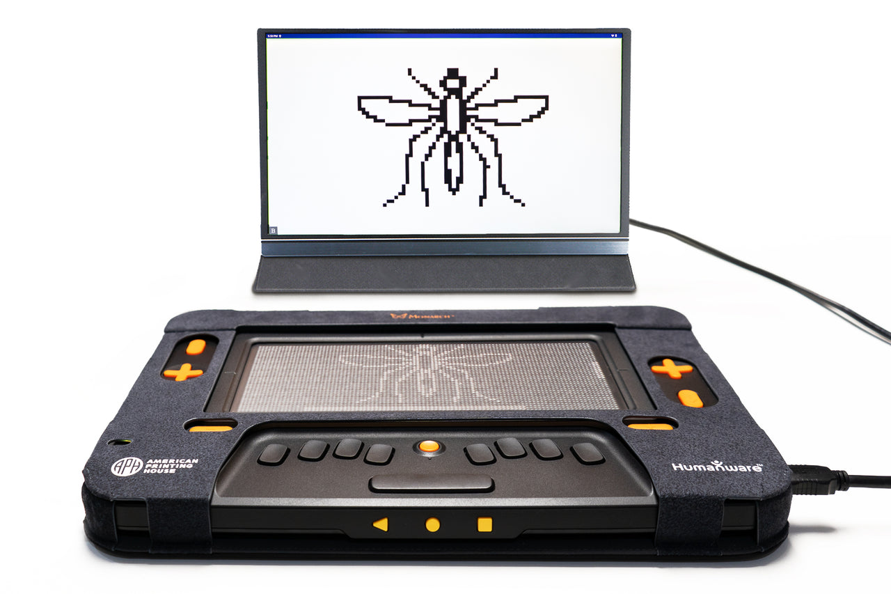 Assistive technology device with braille keyboard and tactile interface displaying a pixelated mosquito on its screen.