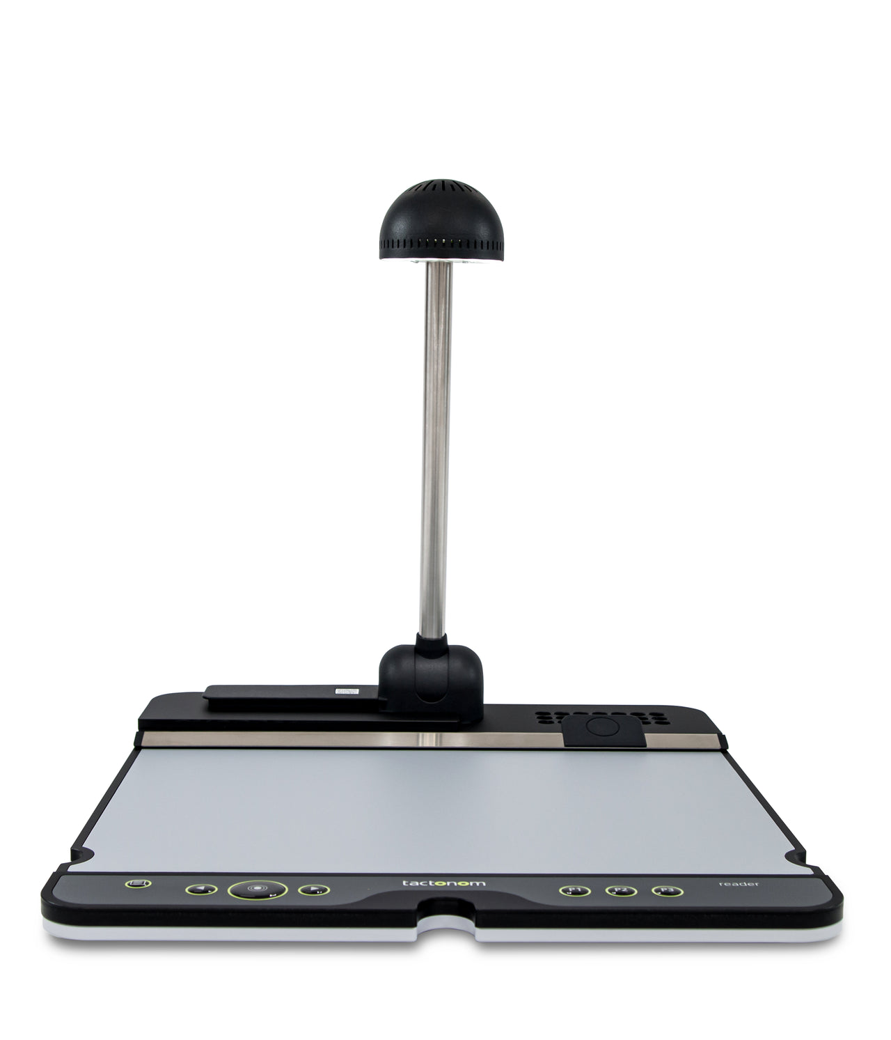 A Tactonom Reader document camera from floridareading. It has a large, flat surface for placing documents and a flexible arm with a camera and light.