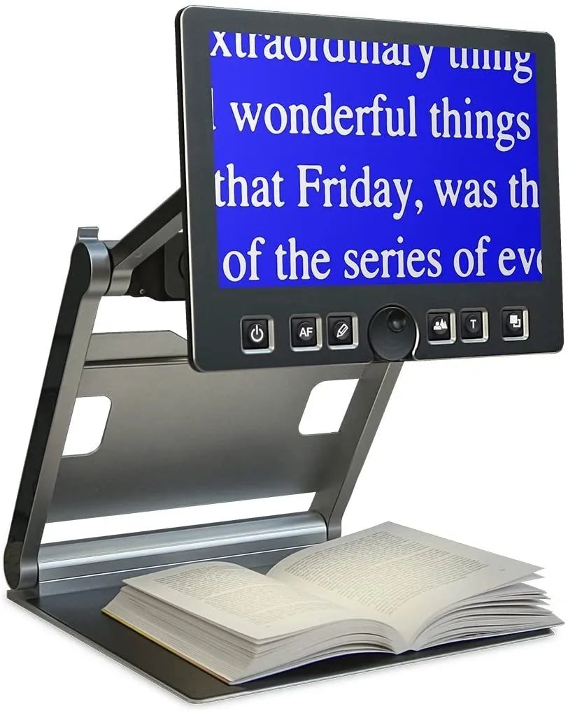 Visiobook HD portable video magnifier displaying enlarged text from an open book. Ideal for low vision users, available at floridareading.com for enhanced reading accessibility.