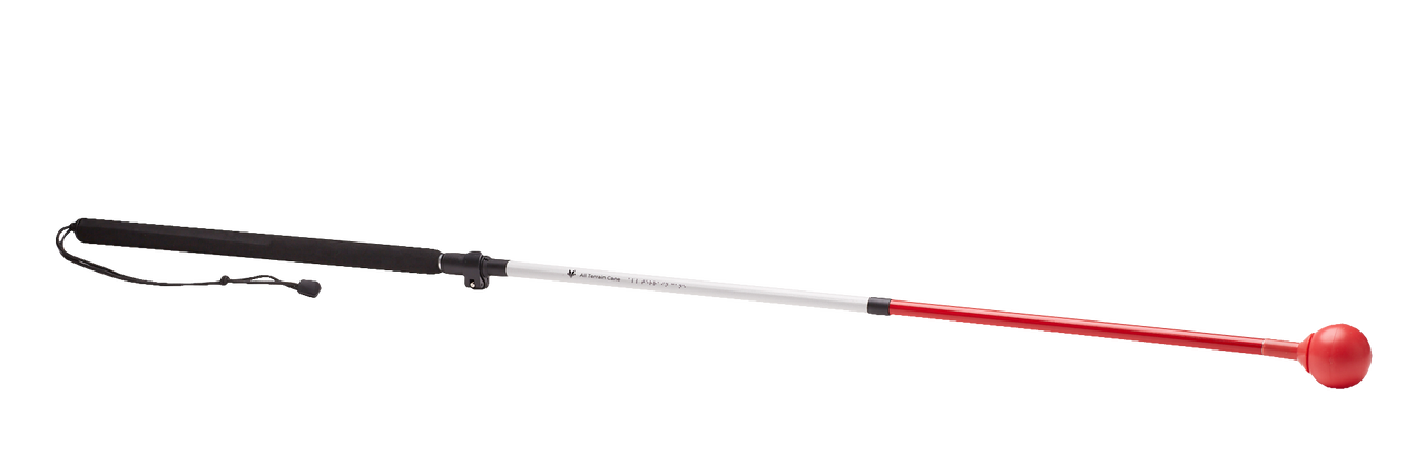 A white cane with a red tip and black handle, extended and resting on a gray background. The cane has a red roller ball tip.