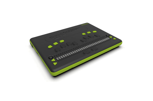 A b.book 32-Cell Braille Notetaker, a refreshable braille notetaker, Braille display, and computer from Florida Reading. It has a 32-cell braille display, a 10-key keyboard, 2 joysticks, and 6 function keys.