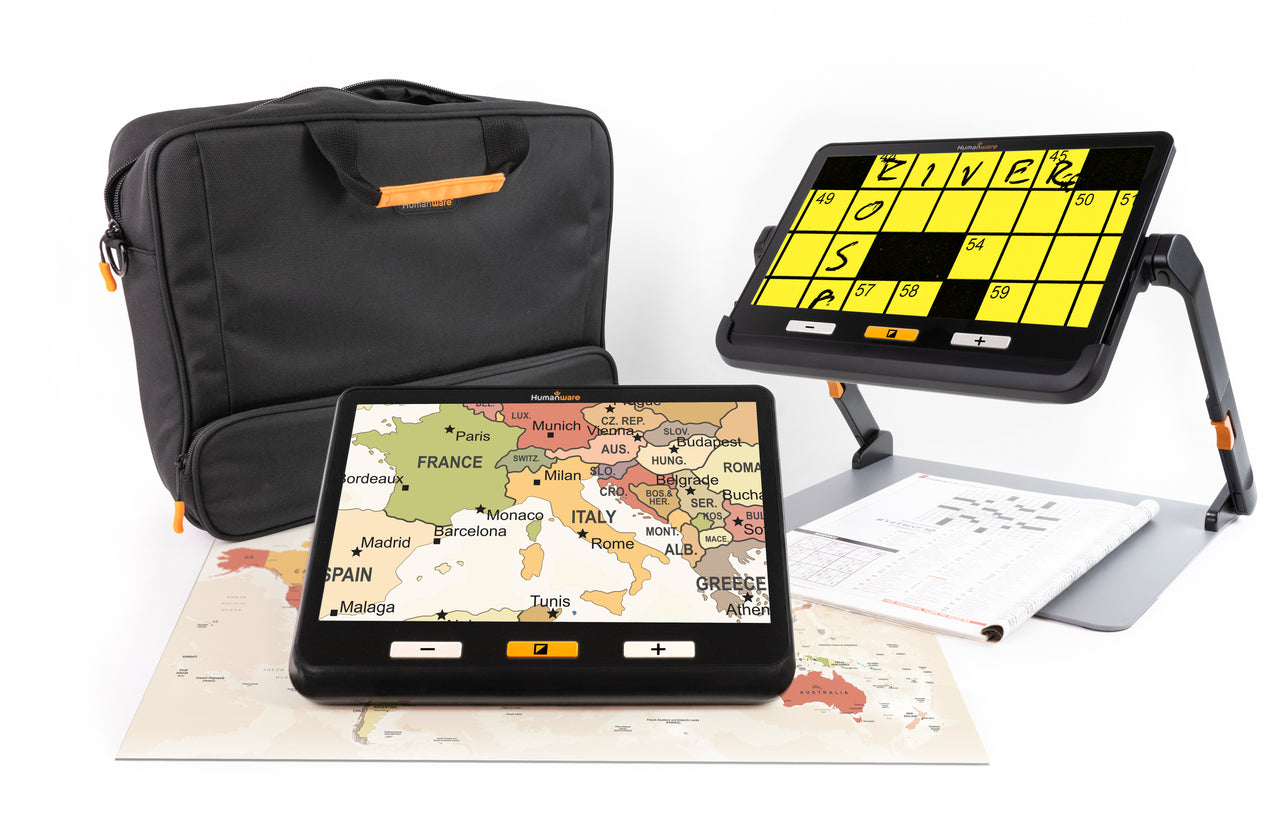 Humanware Explore 12, a portable video magnifier with accessories.