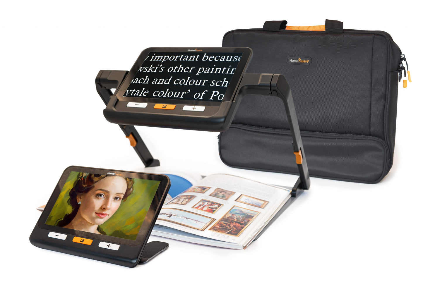 A portable video magnifier with a high-resolution camera, perfect for reading and viewing small text and images.