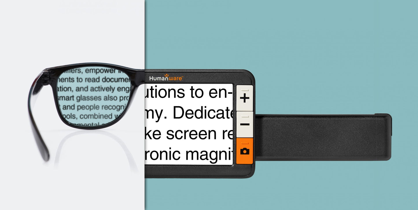 A handheld electronic magnifier next to a pair of glasses, both showing magnified text. The device has a Humanware logo and controls for zooming and taking photos.