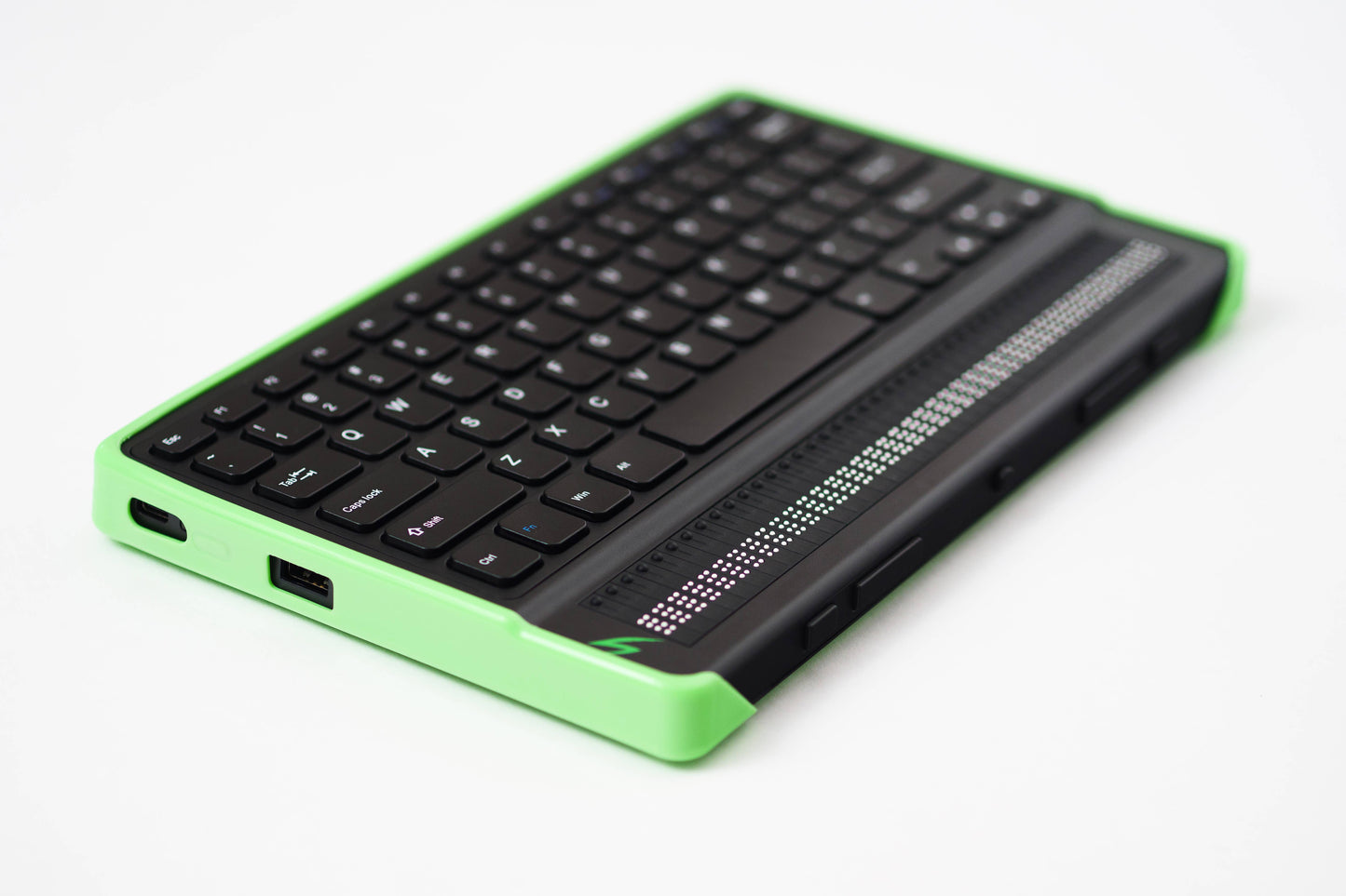 Protective green TPU case for the Mantis Q40 Braille keyboard and display. Find Mantis Q40 accessories at Florida Reading