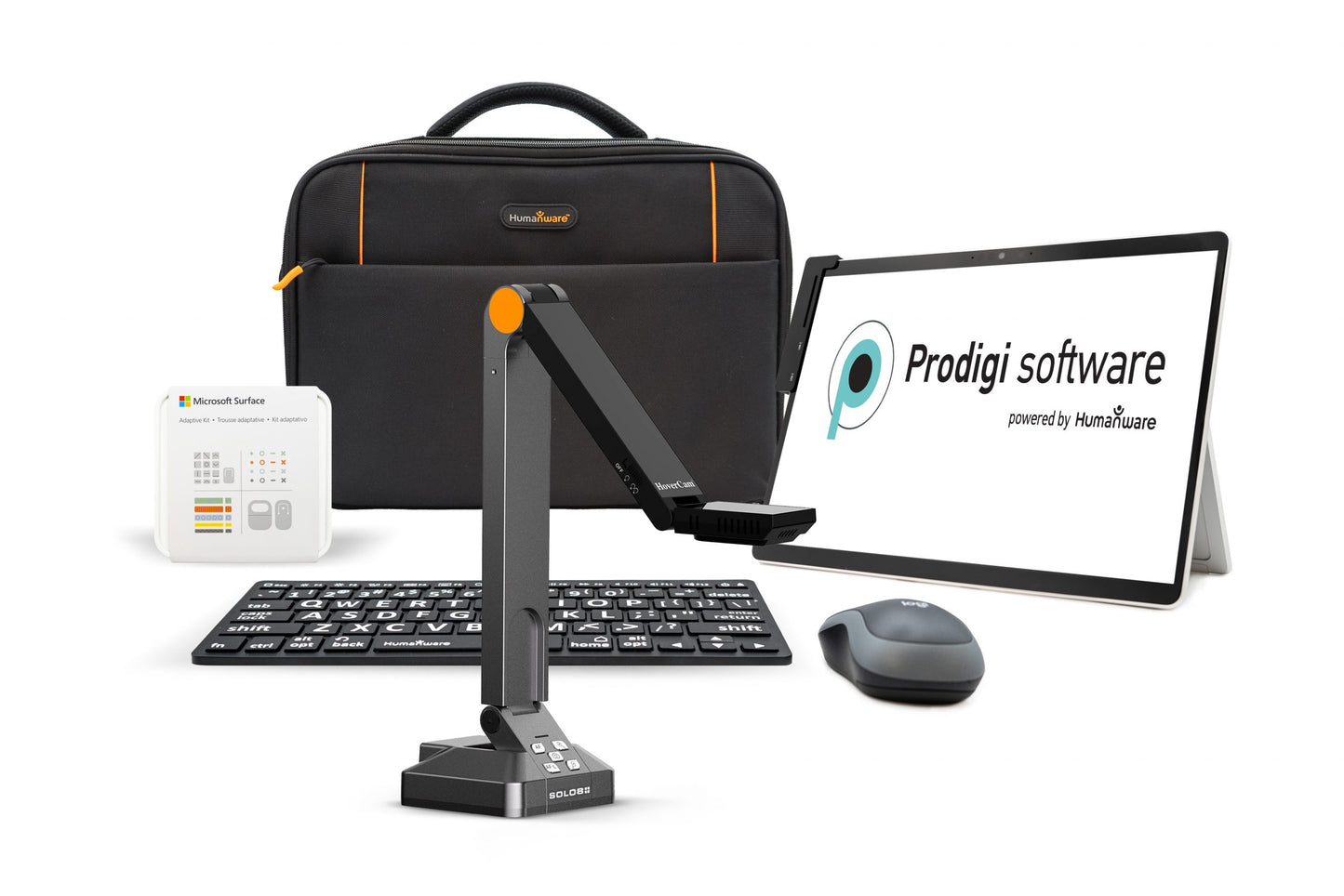 Prodigi software displayed on a tablet with keyboard, mouse, camera, and case.