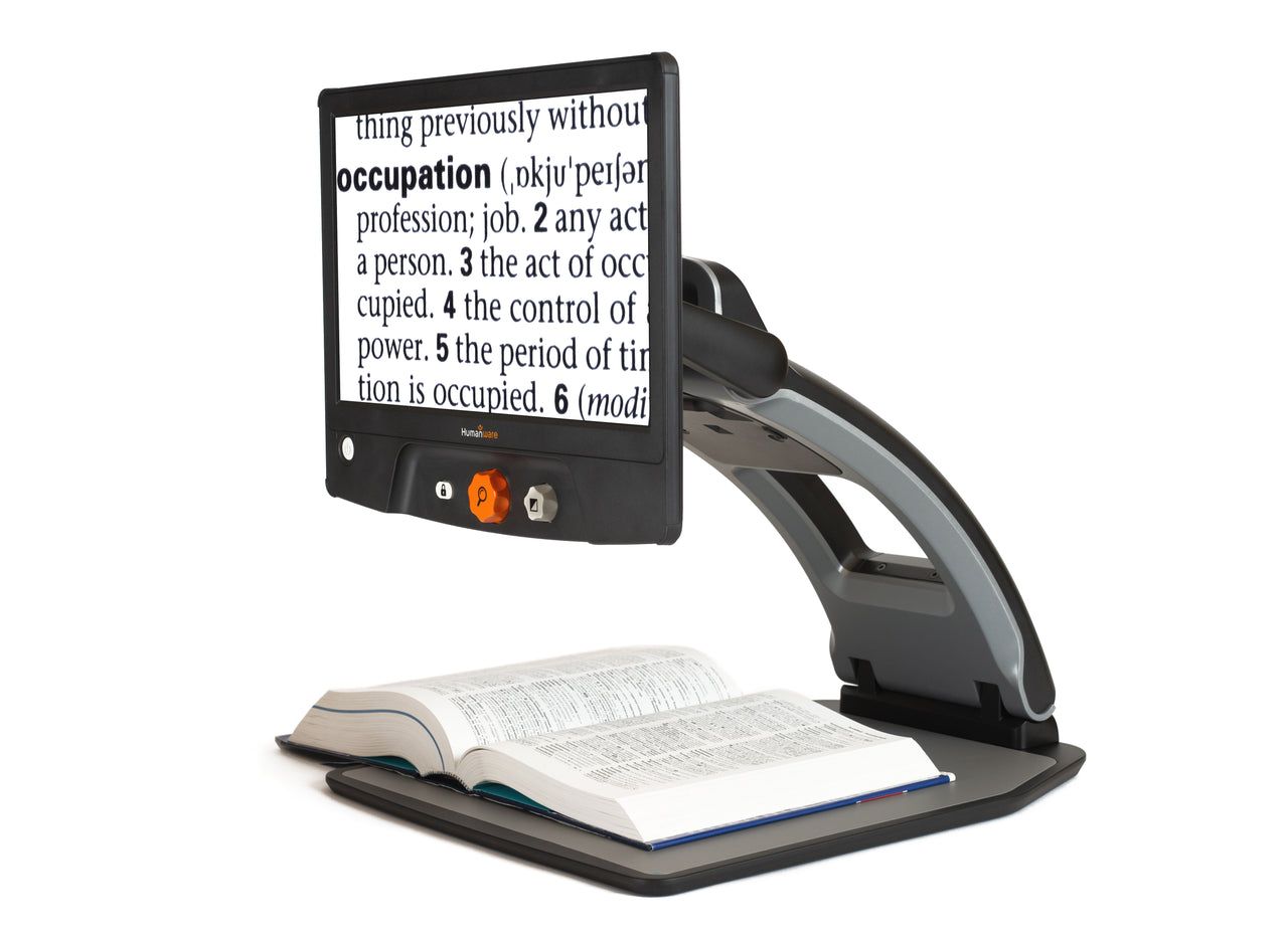 A Reveal 16 magnifier displaying a book with enlarged text, showcasing its clear and adjustable view.