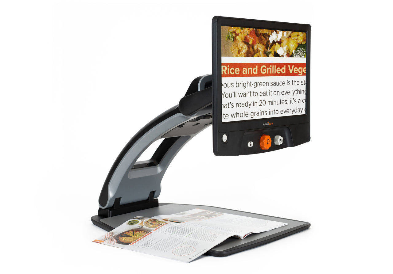 A Reveal Magnifier displaying a recipe for Rice and Grilled Vegetables, making it easier to read for people with visual impairments.