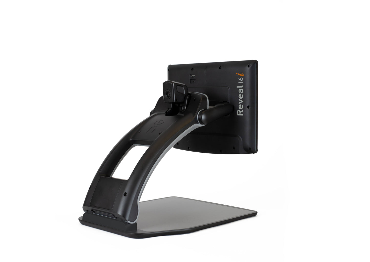 Reveal Magnifier showing its adjustable arm, base, and camera, making it suitable for various reading and viewing tasks.