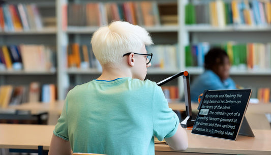 Student with tablet using Prodigi software to read text in a library.